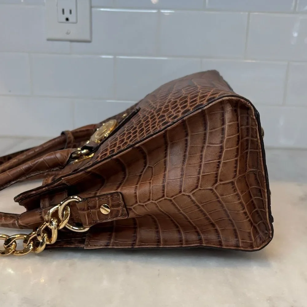 Michael Kors Bag Purse Handbag Croc Embossed Leather Brown Hamilton Tote Bag